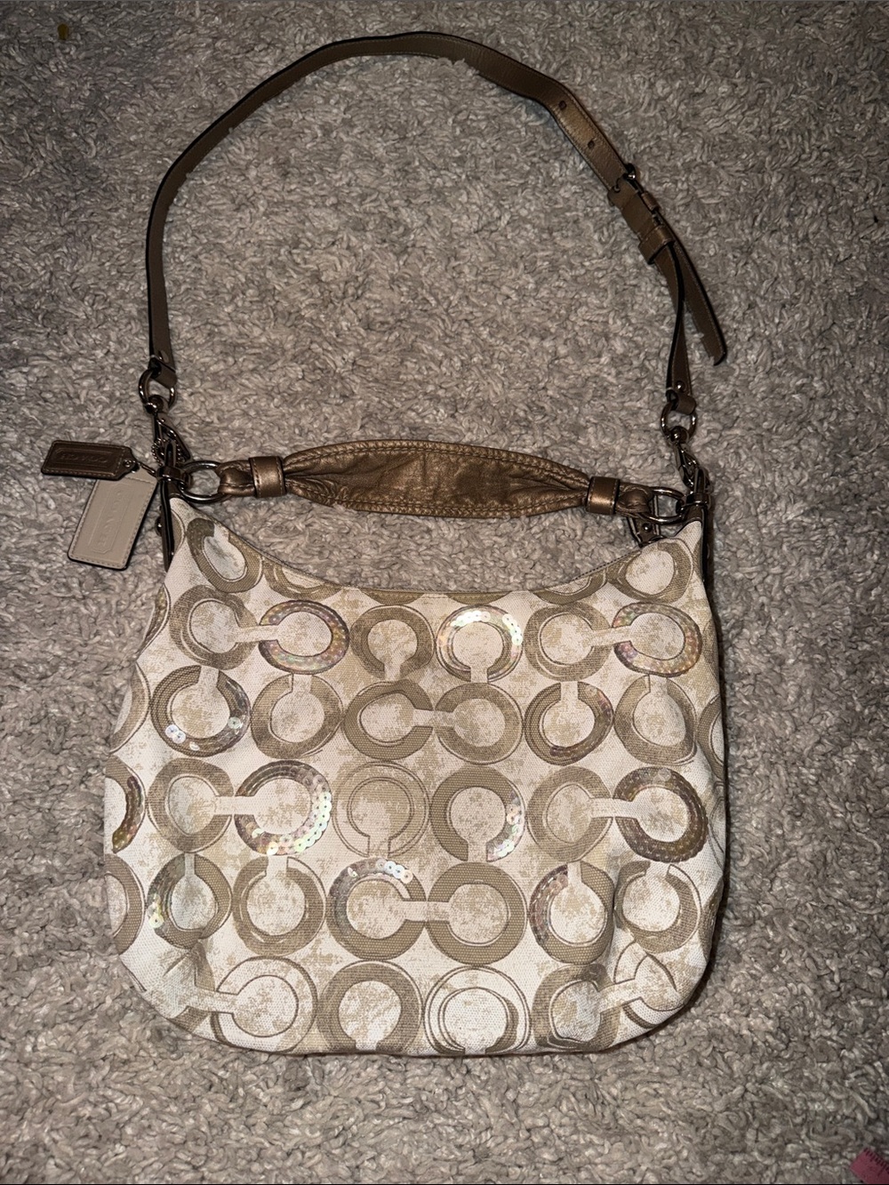 Coach Signature Metallic Cream & Tan Hobo Bag with 2 Hang Tags - Picture 10 of 15